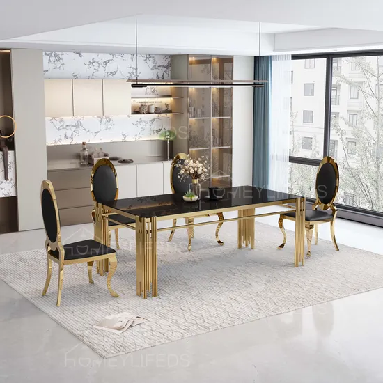Modern Grey Marble Dining Table with Durable Stainless Steel Sets 