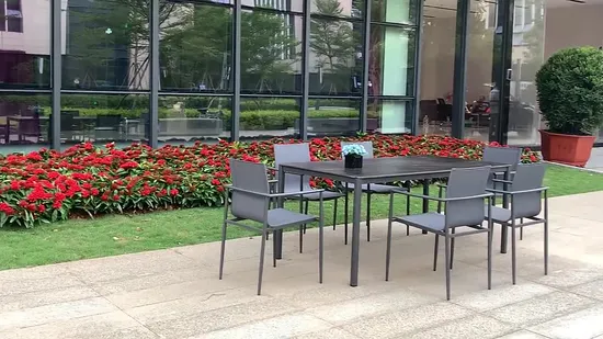 Wholesale Modern Outdoor Furniture Stainless Steel Tube Frame Armrest Design Imported Dining Table and Chair 