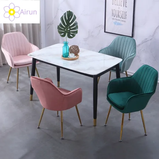 Nordic Comfortable Luxury Home Living Room Office Kitchen Counter Lounge Reception Upholstered Fabric Velvet Golden Leisure Armrest Dining Chair 