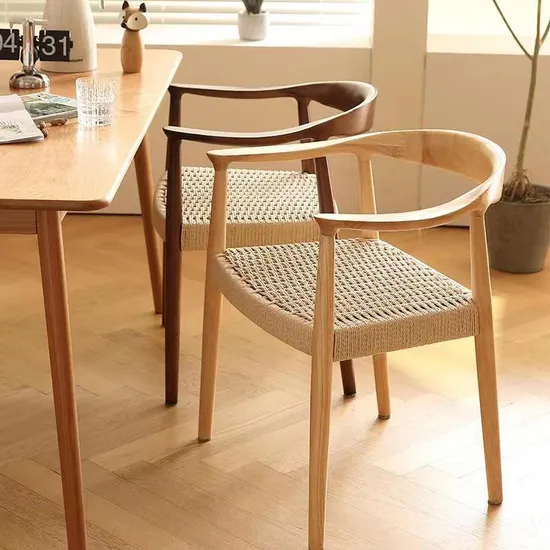 Wholesale Modern Wood Dining Chair, Natural Rope Rattan Backrest Wood Chair, Solid Ash Restaurant Chair, Meeting Room Study Chair 