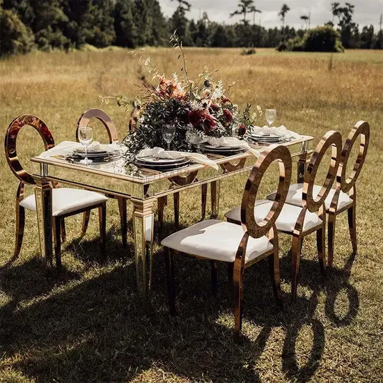 Factory Wholesale Gold Stackable Stainless Steel Chair Round O Back PU Leather Hotel Furniture Restaurant Dining Table Outdoor Event Wedding Banquet Chairs 